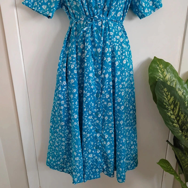 Vintage Eric Hill Blue & White Floral Button-Front Midi Tea Dress – Approx UK 14/16