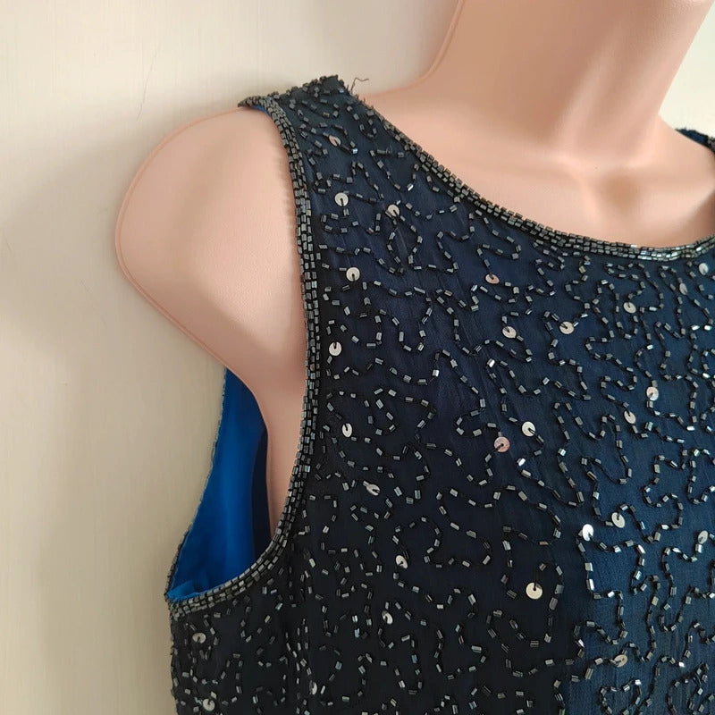 Vintage Dorothy Perkins Navy Fully Beaded Starry Night Column Dress – Size UK 12