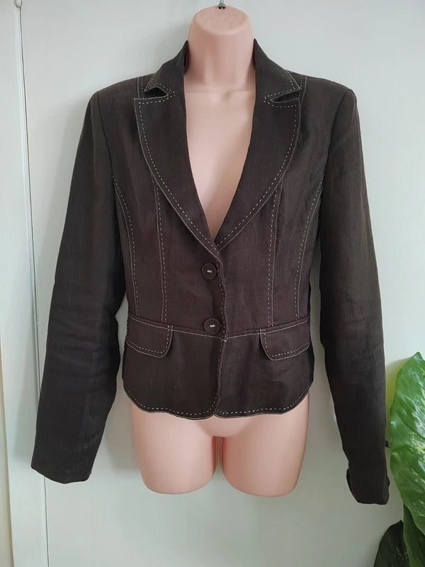 Vintage Next Chocolate Brown Contrast Stitch Tailored Blazer Jacket – Size UK 12