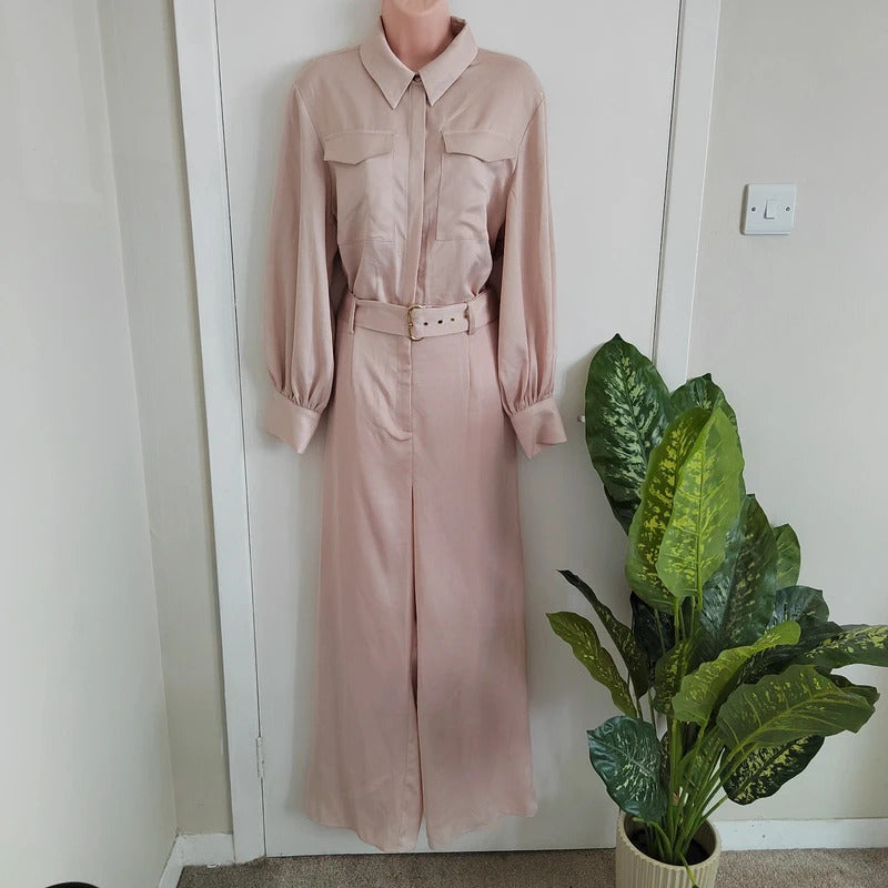 River Island Belted Satin Long Sleeve Utility Jumpsuit – Blush Pink / Rose Gold - Size UK 12