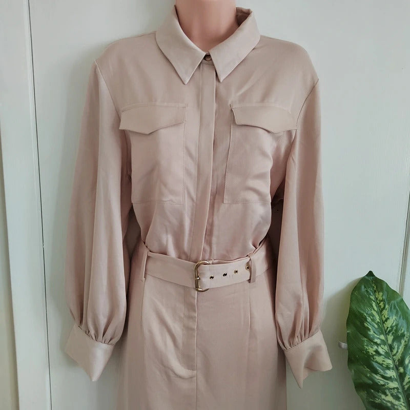 River Island Belted Satin Long Sleeve Utility Jumpsuit – Blush Pink / Rose Gold - Size UK 12