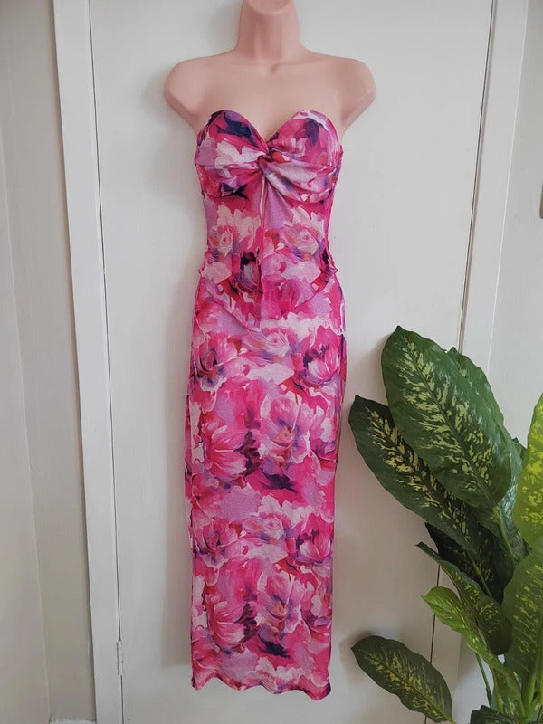 SHEIN Fuchsia Floral Mesh Strapless Top & Maxi Skirt Co-ord Set – Size XS