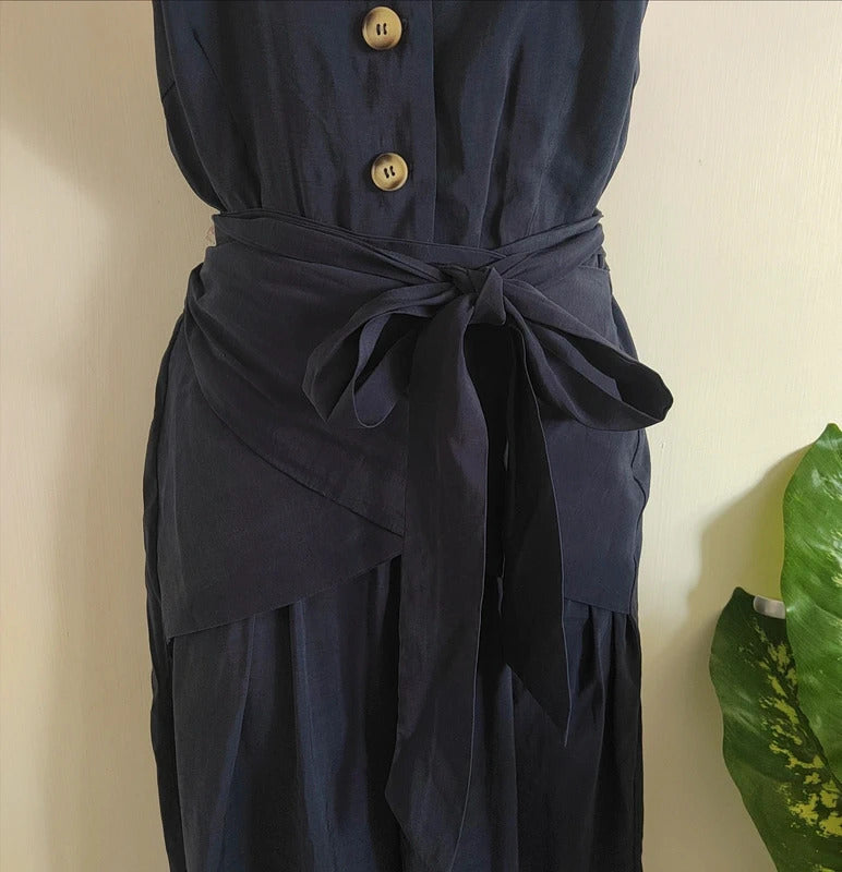 Paisie London Navy Button-Front Waist Tie Wide Leg Jumpsuit – Size UK 12