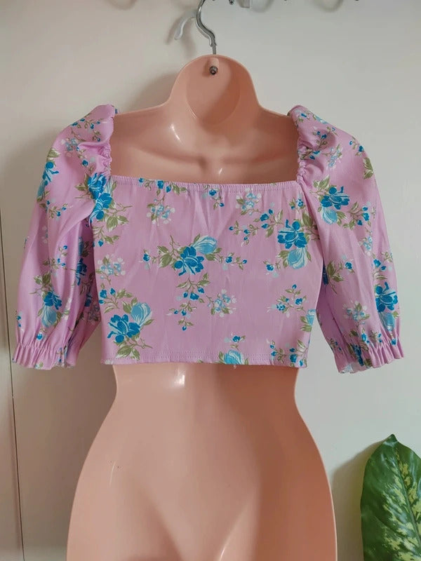 I Saw It First Pink & Blue Floral Puff Sleeve Corset Crop Top – Size UK 8 NWT