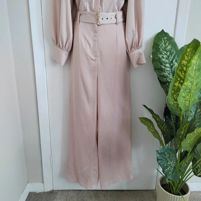 River Island Belted Satin Long Sleeve Utility Jumpsuit – Blush Pink / Rose Gold - Size UK 12