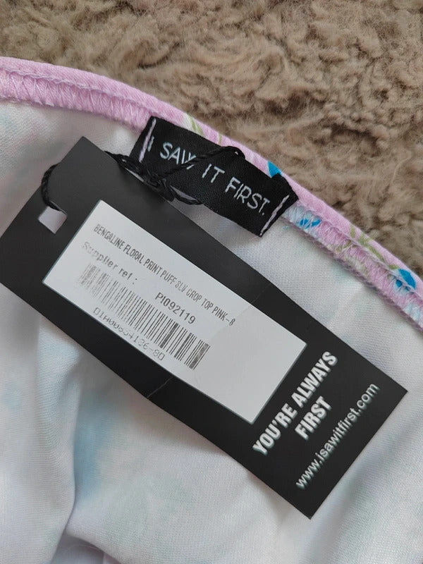 I Saw It First Pink & Blue Floral Puff Sleeve Corset Crop Top – Size UK 8 NWT