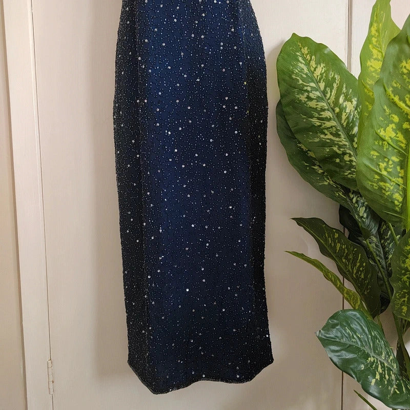 Vintage Dorothy Perkins Navy Fully Beaded Starry Night Column Dress – Size UK 12