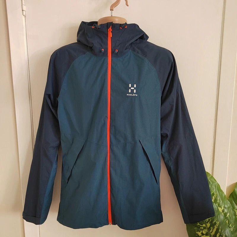 Haglöfs Men’s Esker PROOF™ Waterproof Hooded Jacket – Steel Blue & Navy – Size Small NWOT