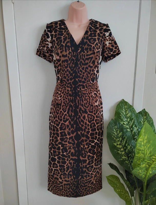 Per Una Leopard Print V-Neck Midi Sheath Dress – Size UK 12