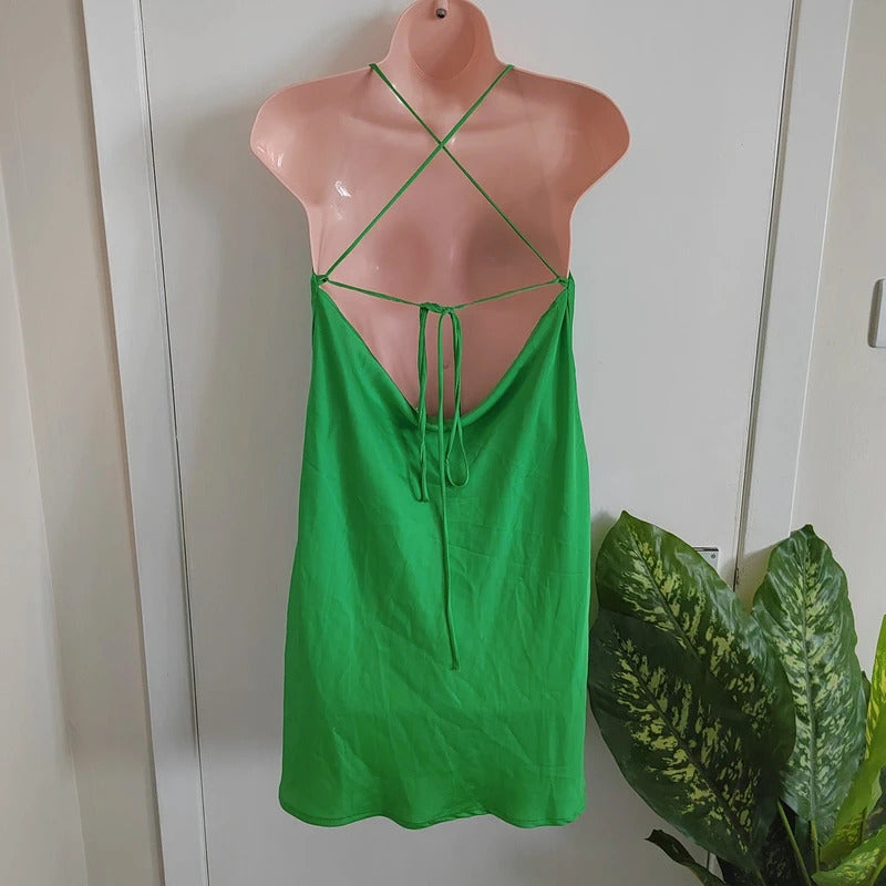 Stradivarius Green Satin Cowl Neck Halter Mini Dress – Size Medium – NWT
