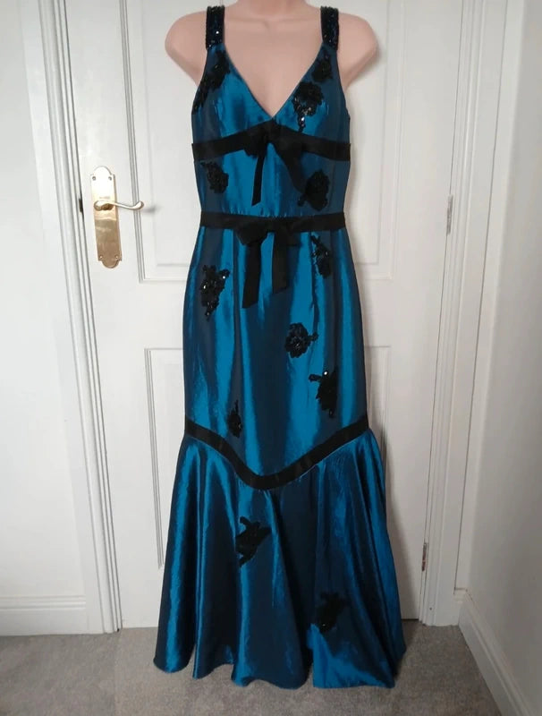 Vintage 90s Bernshaw Teal & Black Beaded Taffeta Mermaid Gown – Size UK 10 – NWOT