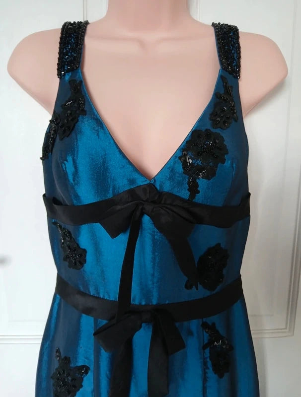 Vintage 90s Bernshaw Teal & Black Beaded Taffeta Mermaid Gown – Size UK 10 – NWOT