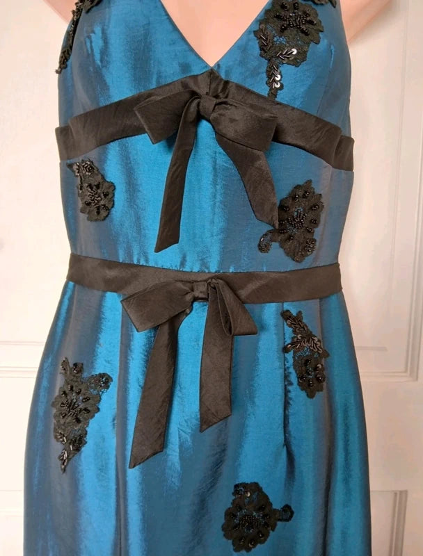 Vintage 90s Bernshaw Teal & Black Beaded Taffeta Mermaid Gown – Size UK 10 – NWOT