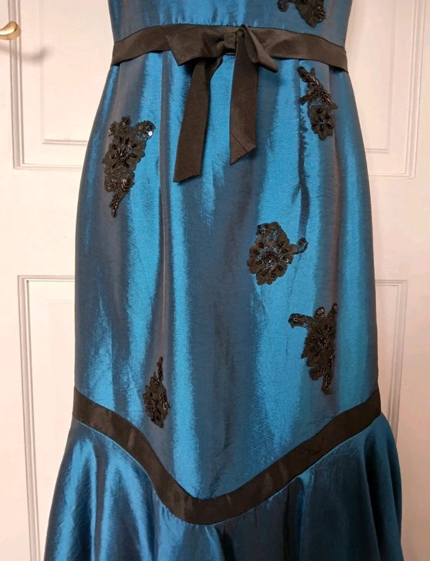 Vintage 90s Bernshaw Teal & Black Beaded Taffeta Mermaid Gown – Size UK 10 – NWOT