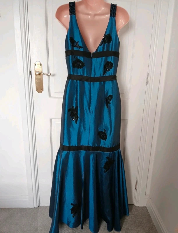 Vintage 90s Bernshaw Teal & Black Beaded Taffeta Mermaid Gown – Size UK 10 – NWOT