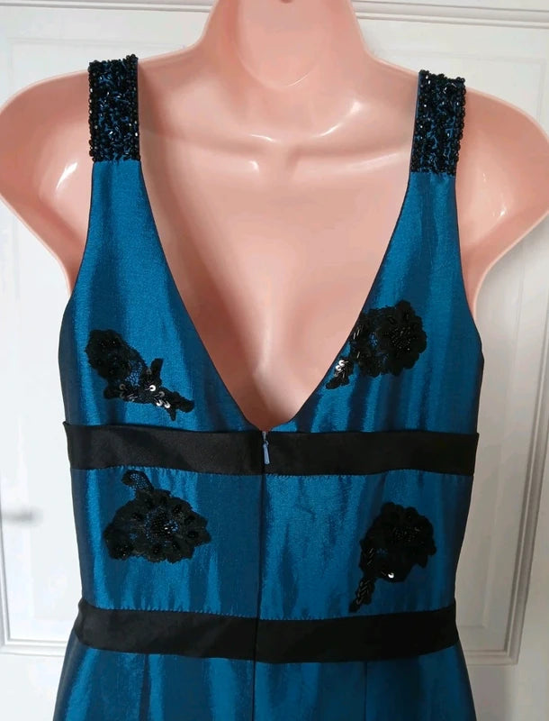 Vintage 90s Bernshaw Teal & Black Beaded Taffeta Mermaid Gown – Size UK 10 – NWOT