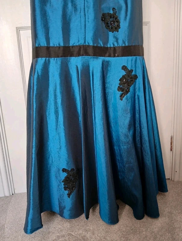 Vintage 90s Bernshaw Teal & Black Beaded Taffeta Mermaid Gown – Size UK 10 – NWOT