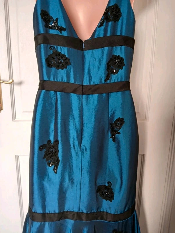 Vintage 90s Bernshaw Teal & Black Beaded Taffeta Mermaid Gown – Size UK 10 – NWOT