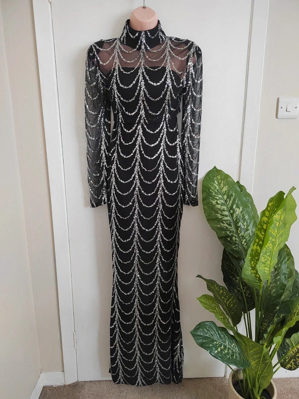 Miss Ord Black & Silver Wave Sequin Mesh Long Sleeve Maxi Gown – Size Small