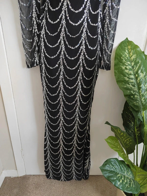 Miss Ord Black & Silver Wave Sequin Mesh Long Sleeve Maxi Gown – Size Small