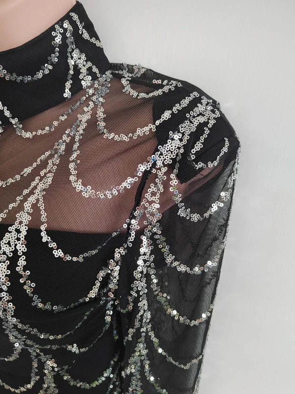 Miss Ord Black & Silver Wave Sequin Mesh Long Sleeve Maxi Gown – Size Small