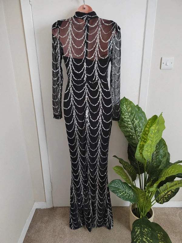 Miss Ord Black & Silver Wave Sequin Mesh Long Sleeve Maxi Gown – Size Small