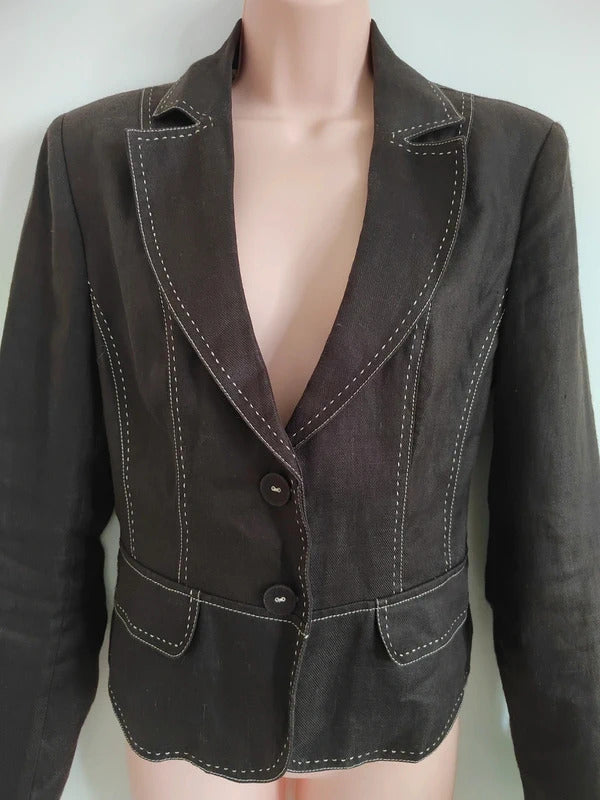 Vintage Next Chocolate Brown Contrast Stitch Tailored Blazer Jacket – Size UK 12