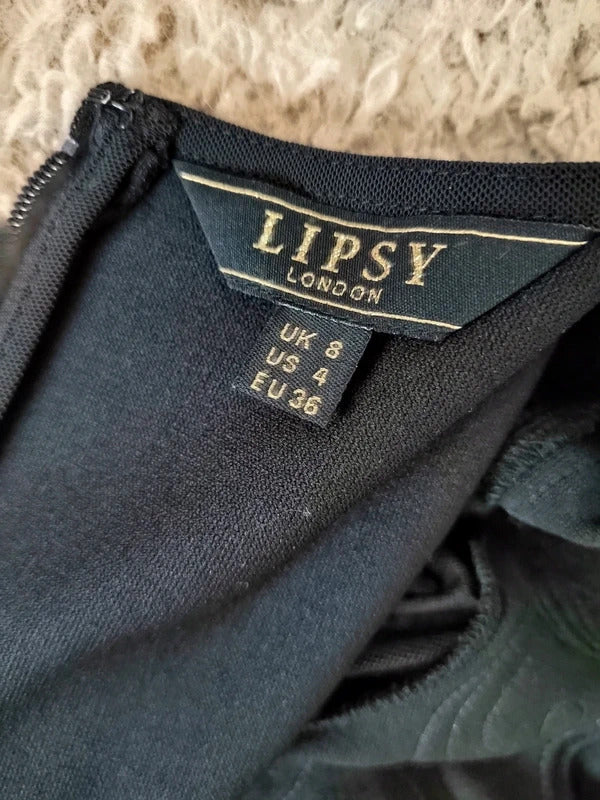 Lipsy Black Embroidered Plunge Bodycon Dress with Mesh Long Sleeves – Size UK 8