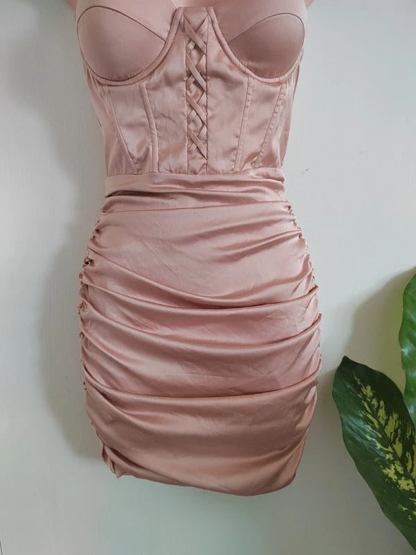 Oh Polly "Sleek Over" Lace-Up Ruched Corset Satin Mini Dress – Size 6 NWT