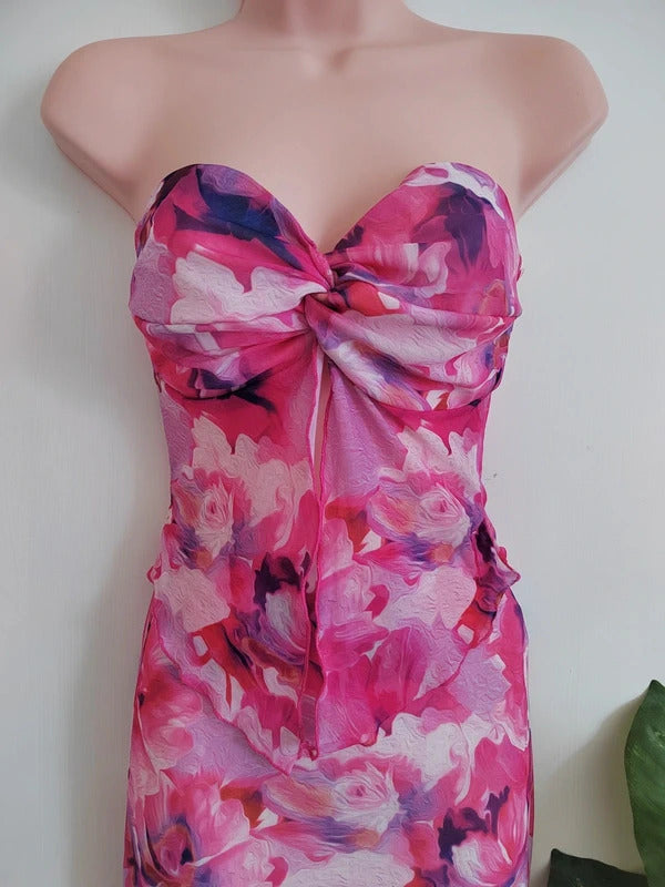 SHEIN Fuchsia Floral Mesh Strapless Top & Maxi Skirt Co-ord Set – Size XS