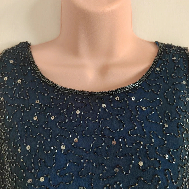 Vintage Dorothy Perkins Navy Fully Beaded Starry Night Column Dress – Size UK 12