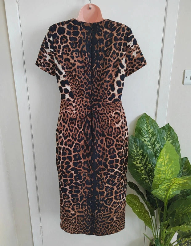 Per Una Leopard Print V-Neck Midi Sheath Dress – Size UK 12