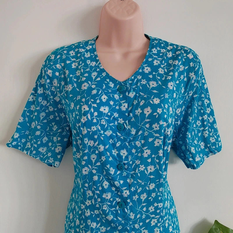 Vintage Eric Hill Blue & White Floral Button-Front Midi Tea Dress – Approx UK 14/16