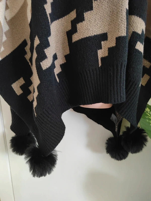 Malissa J Neutral Oversized Houndstooth Roll-Neck Knit Poncho with Faux-Fur Pompoms – One Size