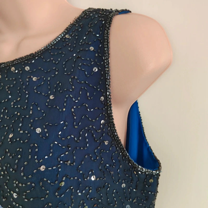 Vintage Dorothy Perkins Navy Fully Beaded Starry Night Column Dress – Size UK 12
