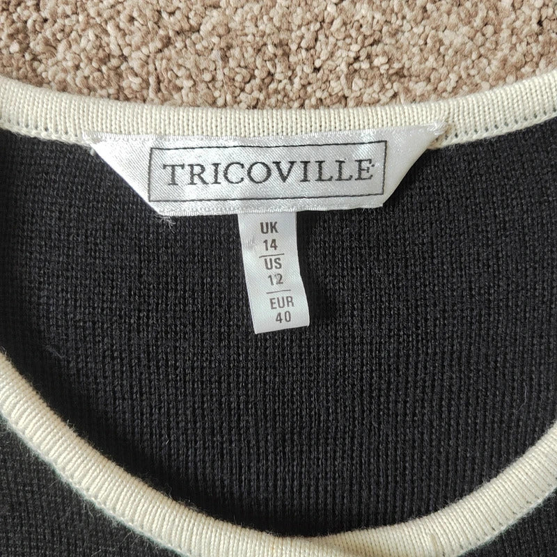 Vintage Tricoville Contrast Trim Knit Cardigan Jacket – Black & Cream - Size 14