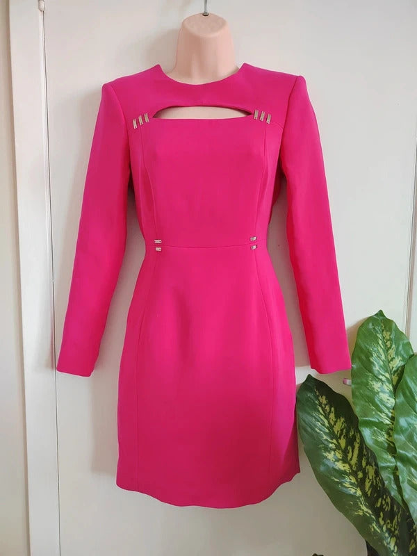 Karen Millen Hot Pink Structured Crepe Cut-Out Mini Dress – Size UK 8 – NWT