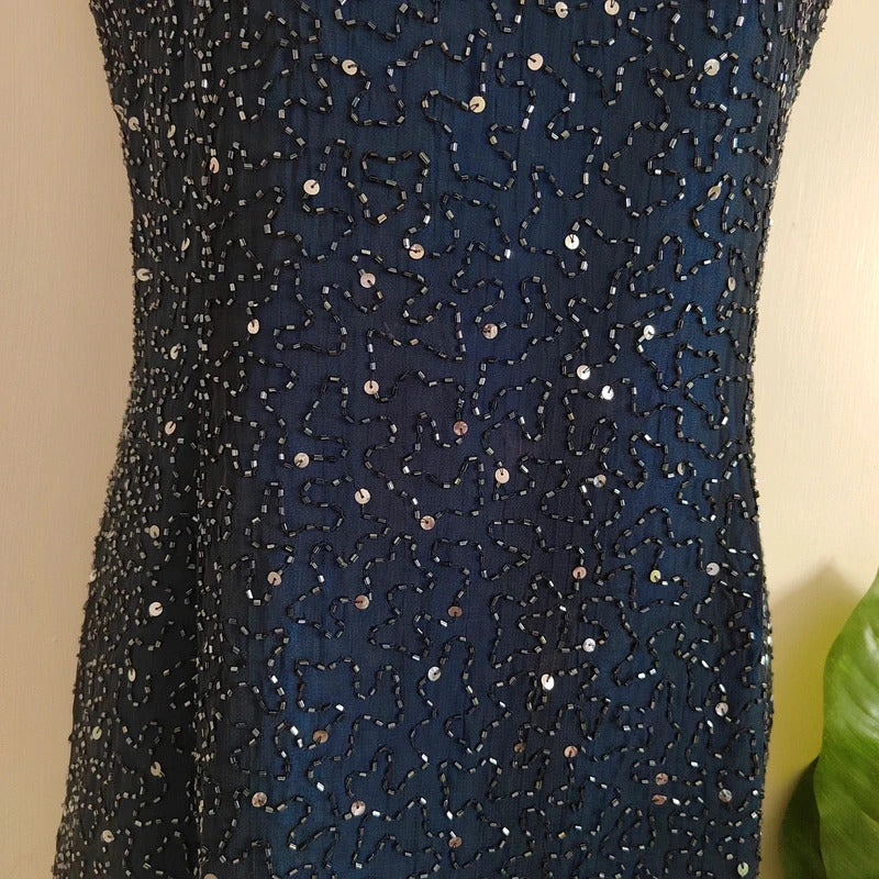 Vintage Dorothy Perkins Navy Fully Beaded Starry Night Column Dress – Size UK 12