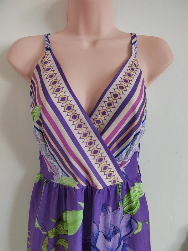 QED London Purple Mixed Border Print Maxi Dress – Size 10