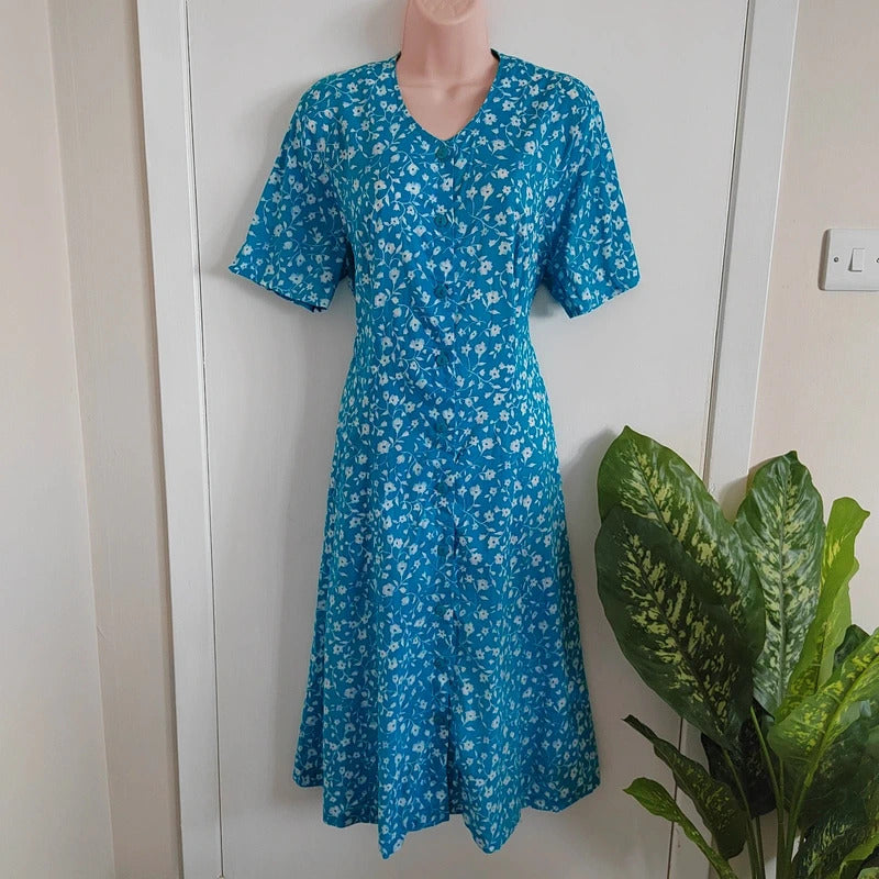 Vintage Eric Hill Blue & White Floral Button-Front Midi Tea Dress – Approx UK 14/16