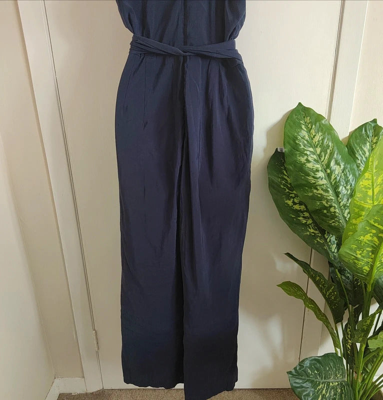 Paisie London Navy Button-Front Waist Tie Wide Leg Jumpsuit – Size UK 12
