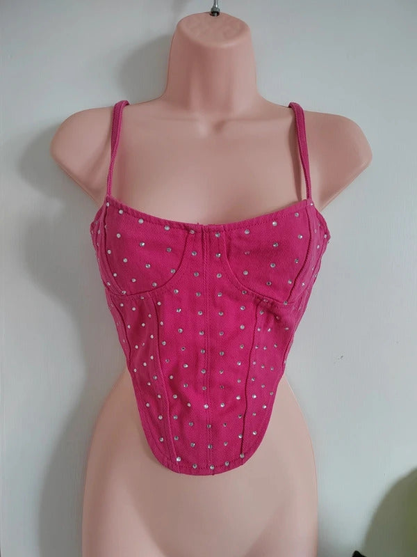 PrettyLittleThing Rhinestone Embellished Denim Corset Top – Size UK 10 NWT