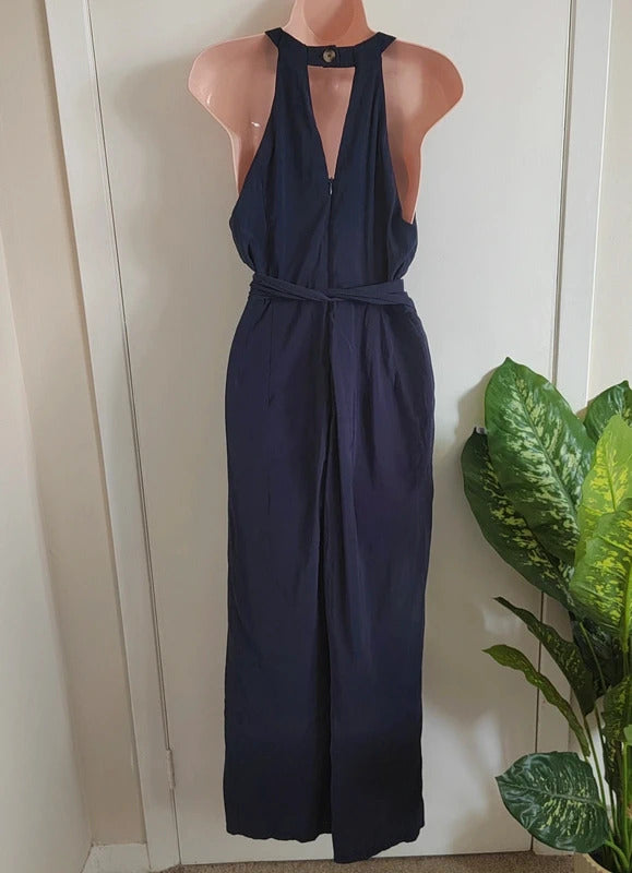Paisie London Navy Button-Front Waist Tie Wide Leg Jumpsuit – Size UK 12