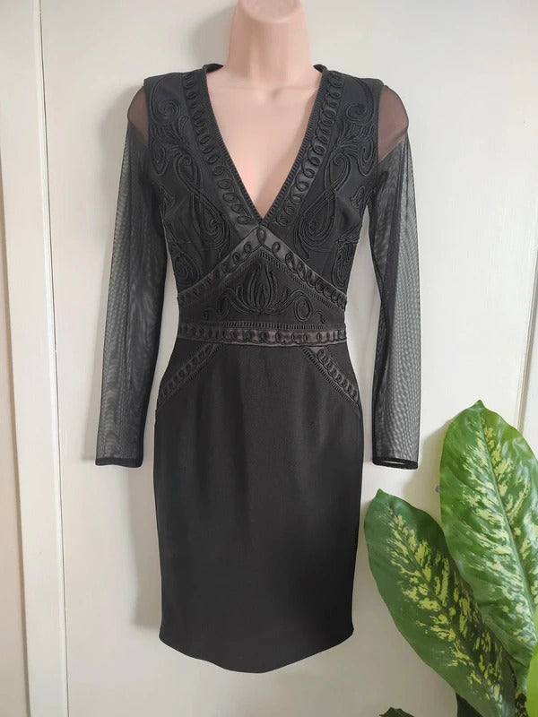 Lipsy Black Embroidered Plunge Bodycon Dress with Mesh Long Sleeves – Size UK 8