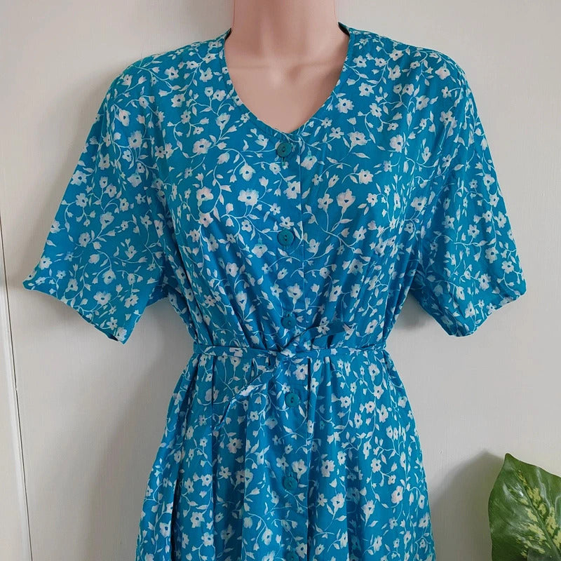 Vintage Eric Hill Blue & White Floral Button-Front Midi Tea Dress – Approx UK 14/16