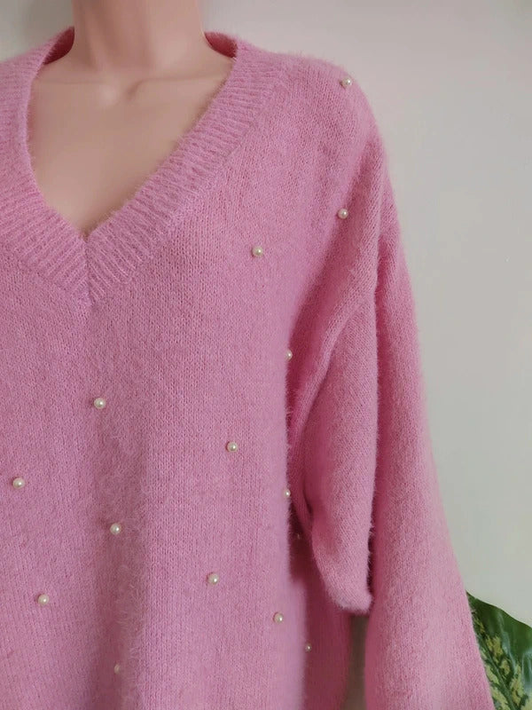SHEIN Curve Pink Faux Pearl Embellished V-Neck Oversized Sweater – Size XL