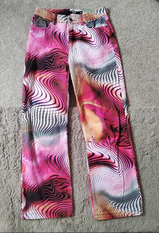 Jaded London Y2K Swirl Print Rigid Slouchy Boyfriend Jeans - Size W28