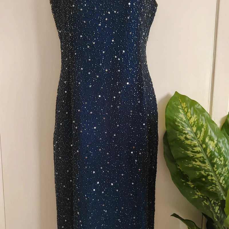 Vintage Dorothy Perkins Navy Fully Beaded Starry Night Column Dress – Size UK 12