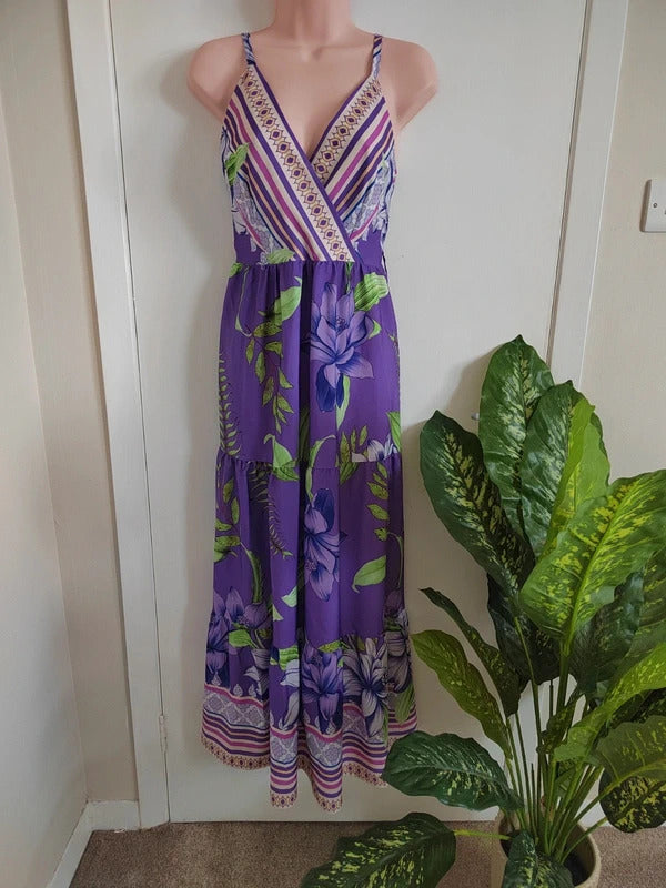 QED London Purple Mixed Border Print Maxi Dress – Size 10