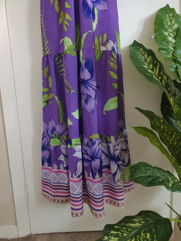 QED London Purple Mixed Border Print Maxi Dress – Size 10